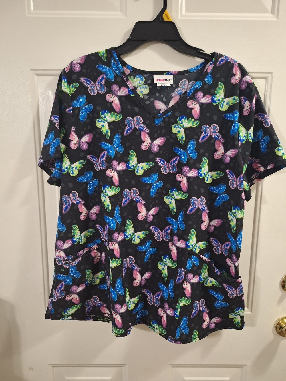 Scrubstar Butterfly V-Neck Top in Blue, Pink, Purple, and Green on Black Size XL